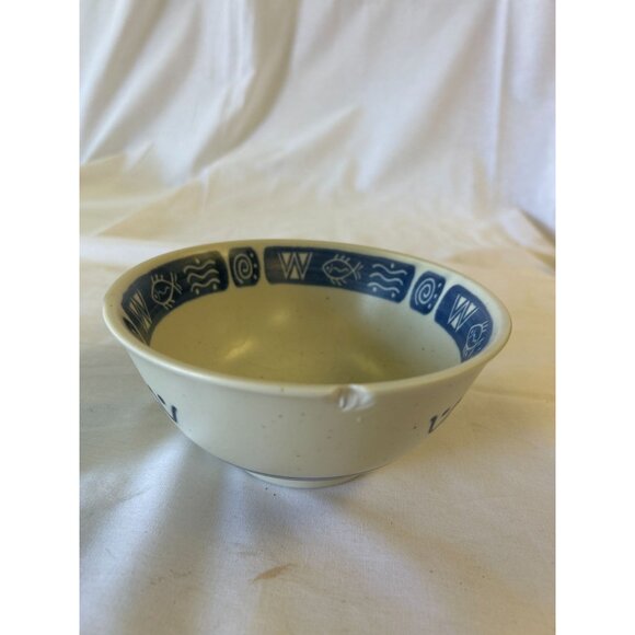 Vintage Ceramic Bowl With Blue Geometric & Nautical Design - Picture 2 of 3